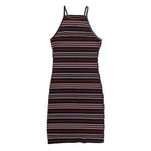 Stretch rib mini tank dress in black, white, red, blue stripe